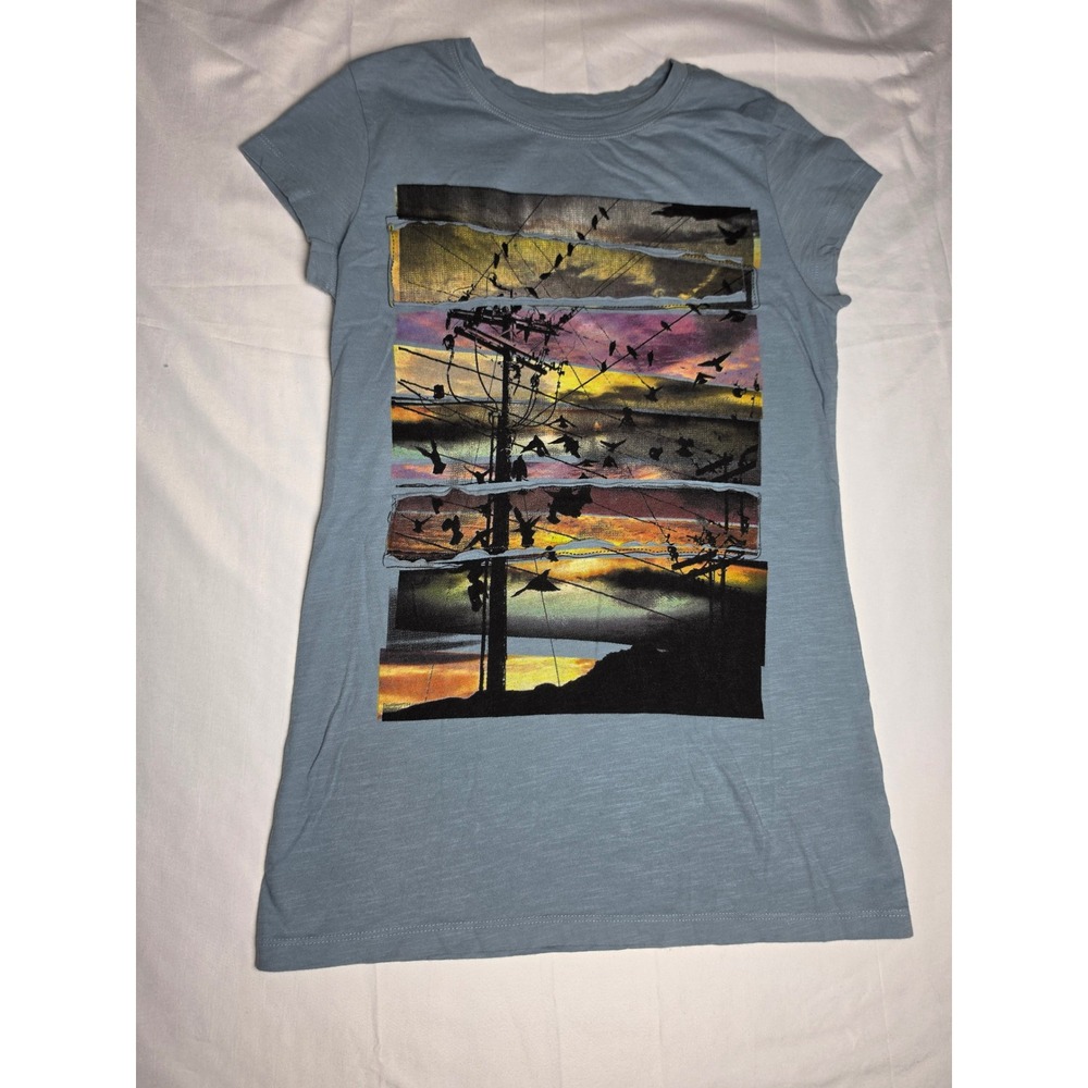 Mudd Womens Graphic Tee Light Blue Sunset Bird Landscape Slub Cotton Shirt Large